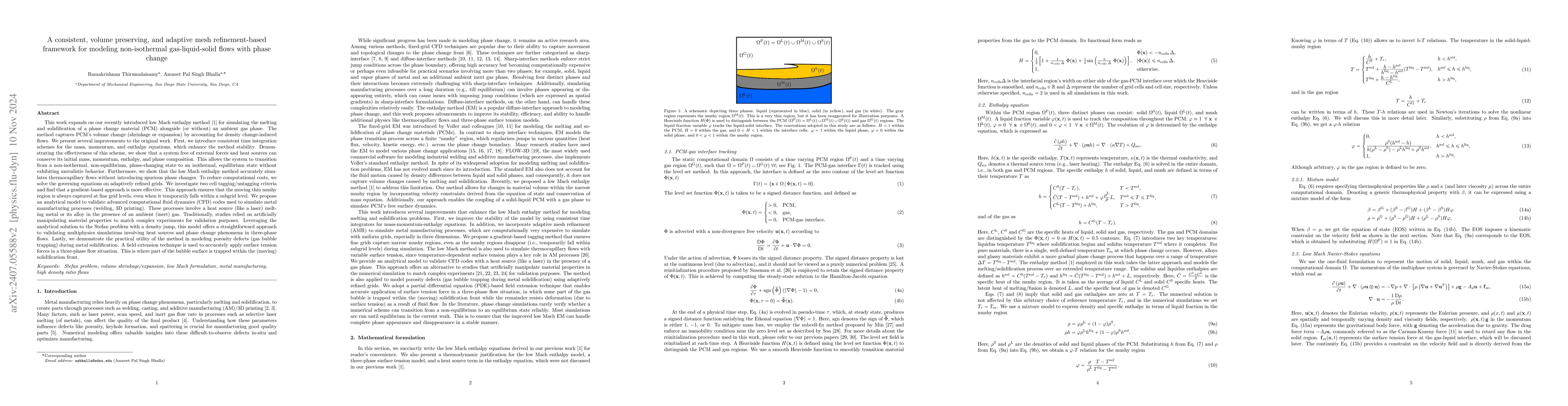 Thumbnail for A consistent, volume preserving, and adaptive mesh refinement-based
  framework for modeling non-isothermal gas-liquid-solid flows with phase
  change
