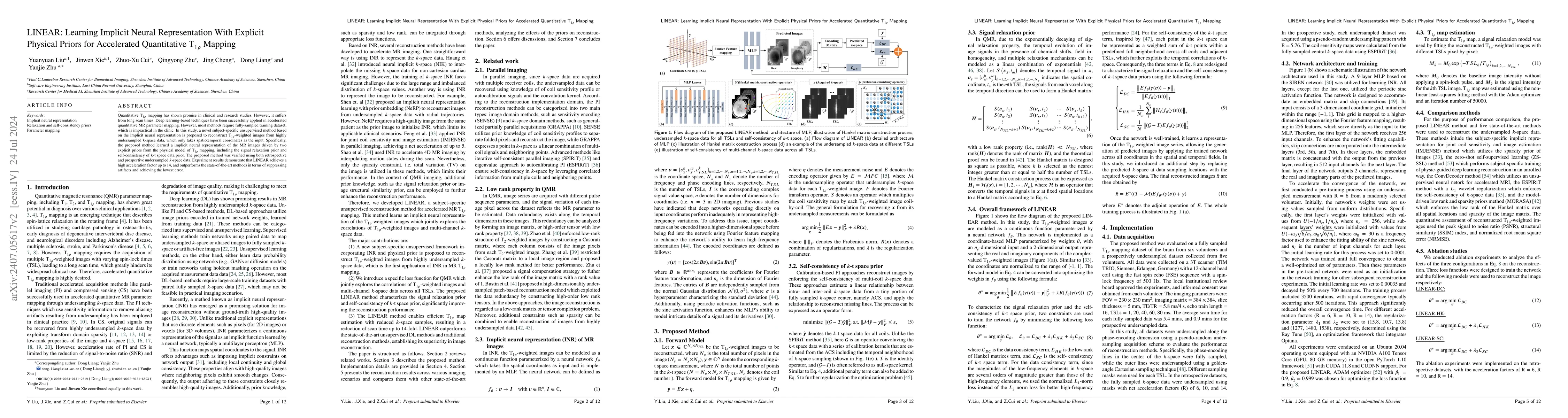 Thumbnail for LINEAR: Learning Implicit Neural Representation With Explicit Physical
  Priors for Accelerated Quantitative T1rho Mapping