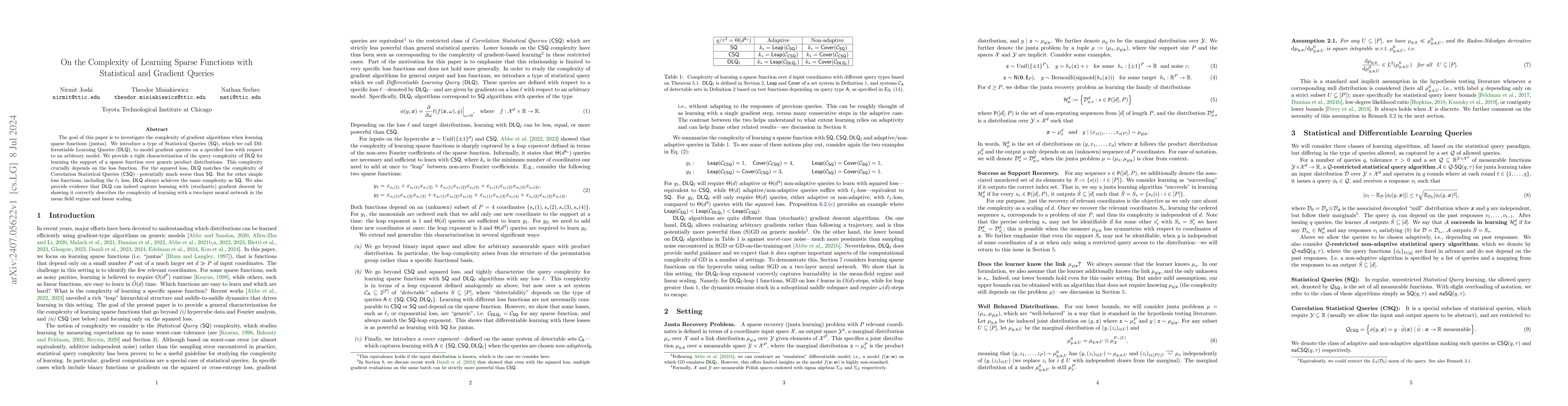 Thumbnail for On the Complexity of Learning Sparse Functions with Statistical and
  Gradient Queries