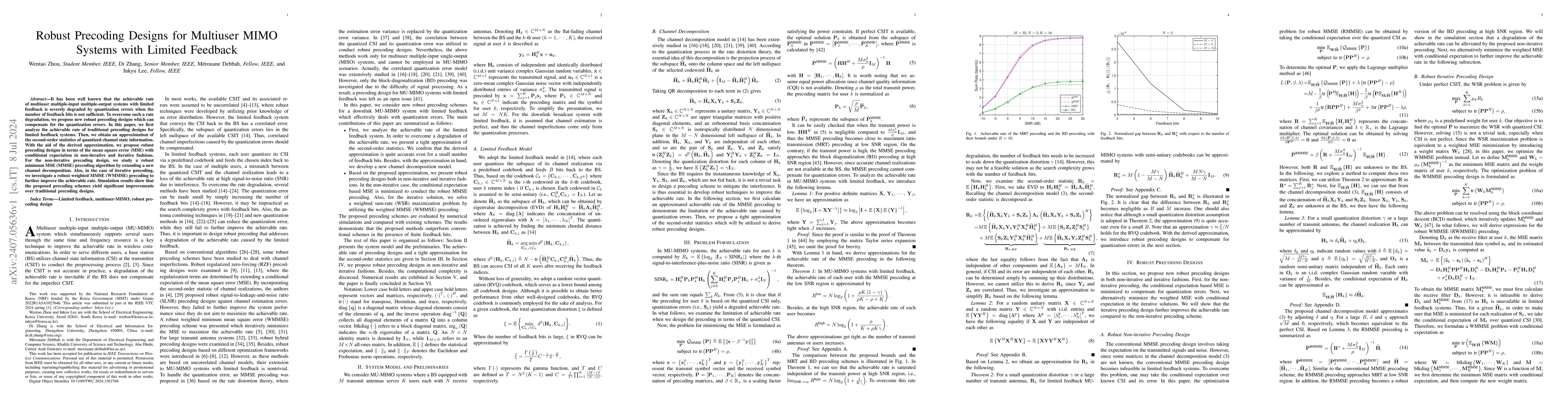 Thumbnail for Robust Precoding Designs for Multiuser MIMO Systems with Limited
  Feedback