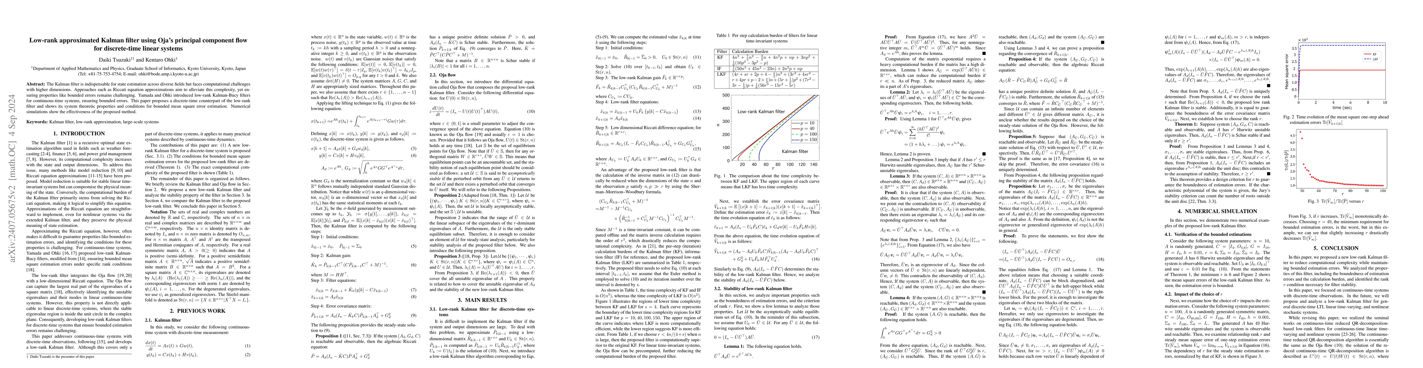 Thumbnail for Low-rank approximated Kalman filter using Oja's principal component flow
  for discrete-time linear systems