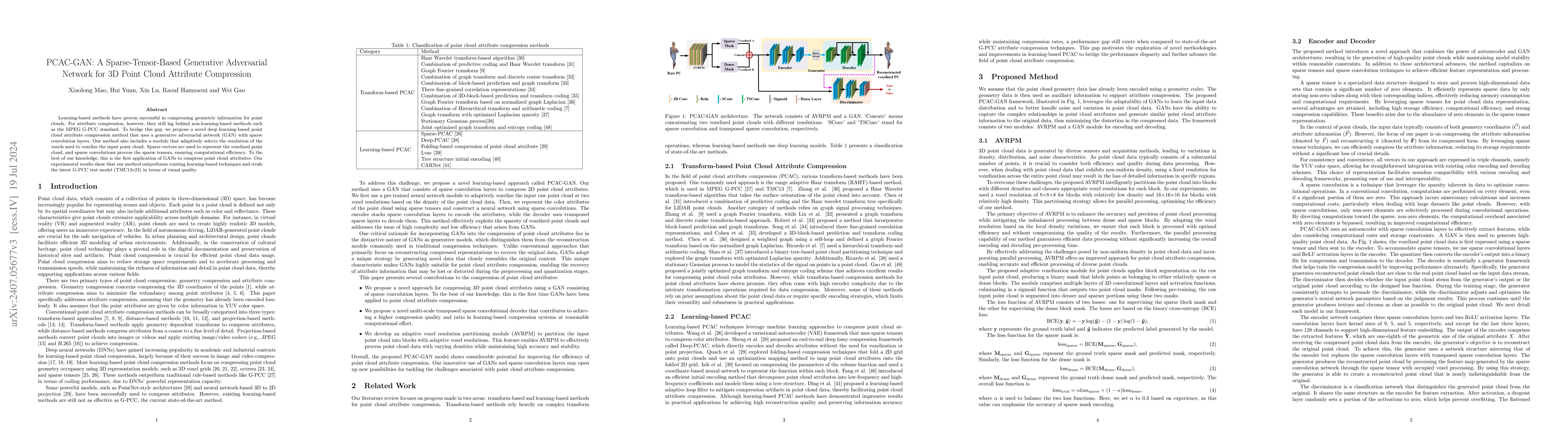 Thumbnail for PCAC-GAN: A Sparse-Tensor-Based Generative Adversarial Network for 3D
  Point Cloud Attribute Compression