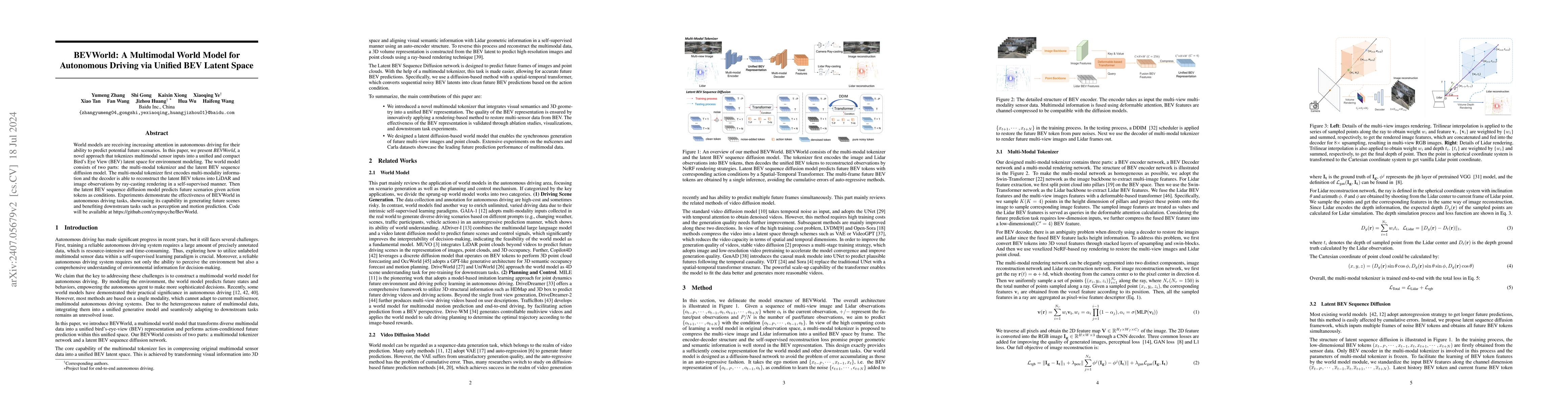 Thumbnail for BEVWorld: A Multimodal World Model for Autonomous Driving via Unified
  BEV Latent Space