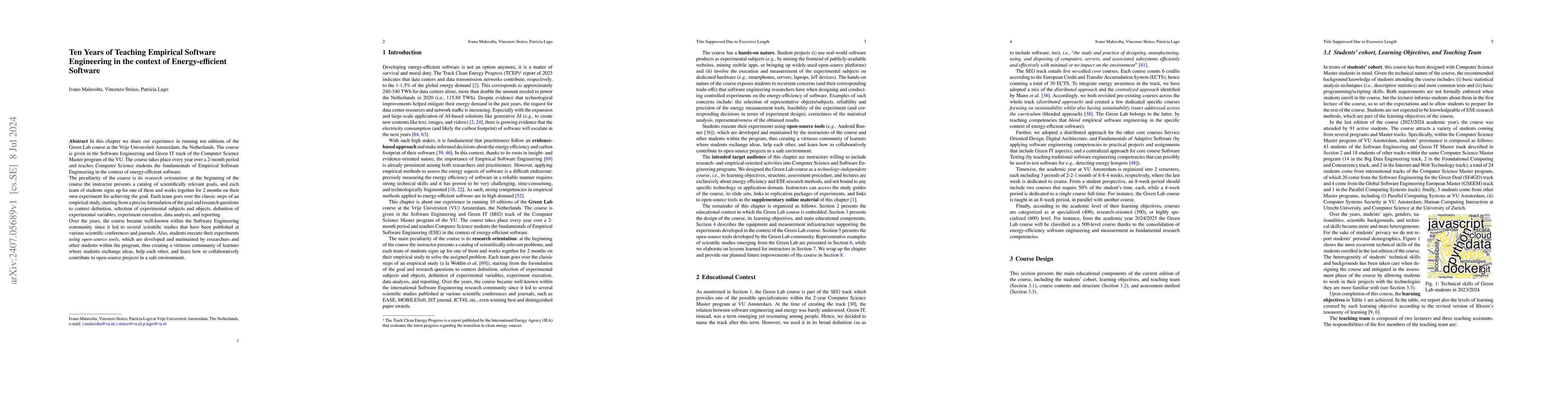 Thumbnail for Ten Years of Teaching Empirical Software Engineering in the context of
  Energy-efficient Software