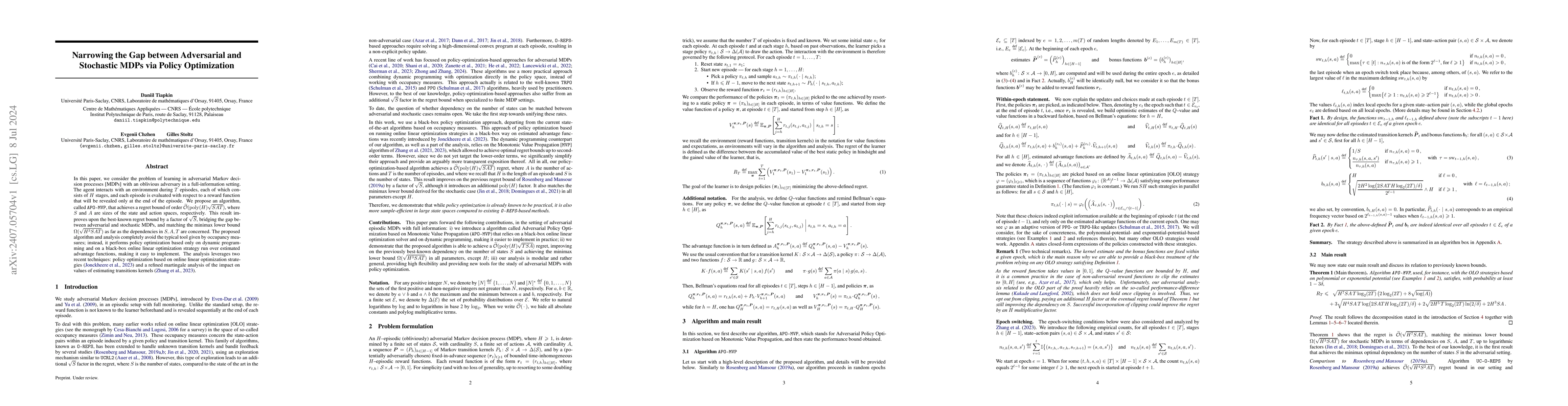 Thumbnail for Narrowing the Gap between Adversarial and Stochastic MDPs via Policy
  Optimization