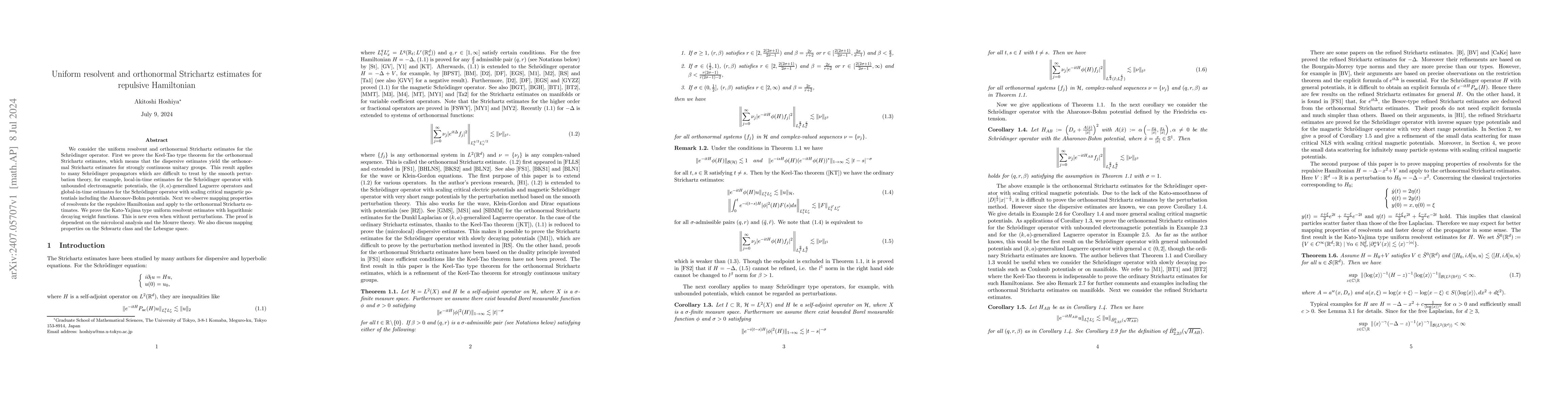 Thumbnail for Uniform resolvent and orthonormal Strichartz estimates for repulsive
  Hamiltonian