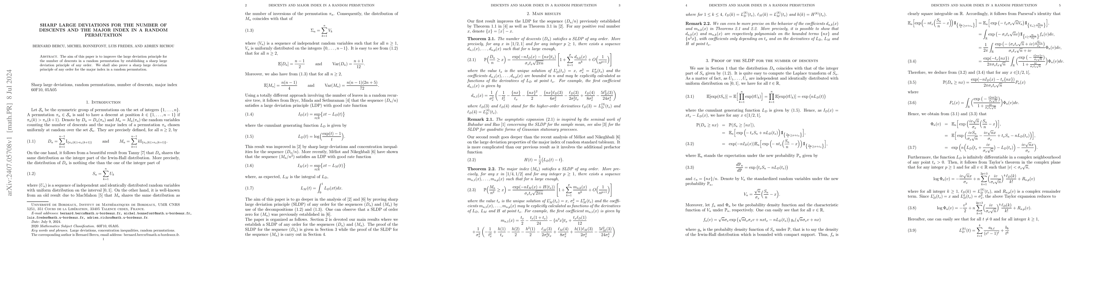 Thumbnail for Sharp Large Deviations for the Number of Descents and the Major Index in
  a Random Permutation