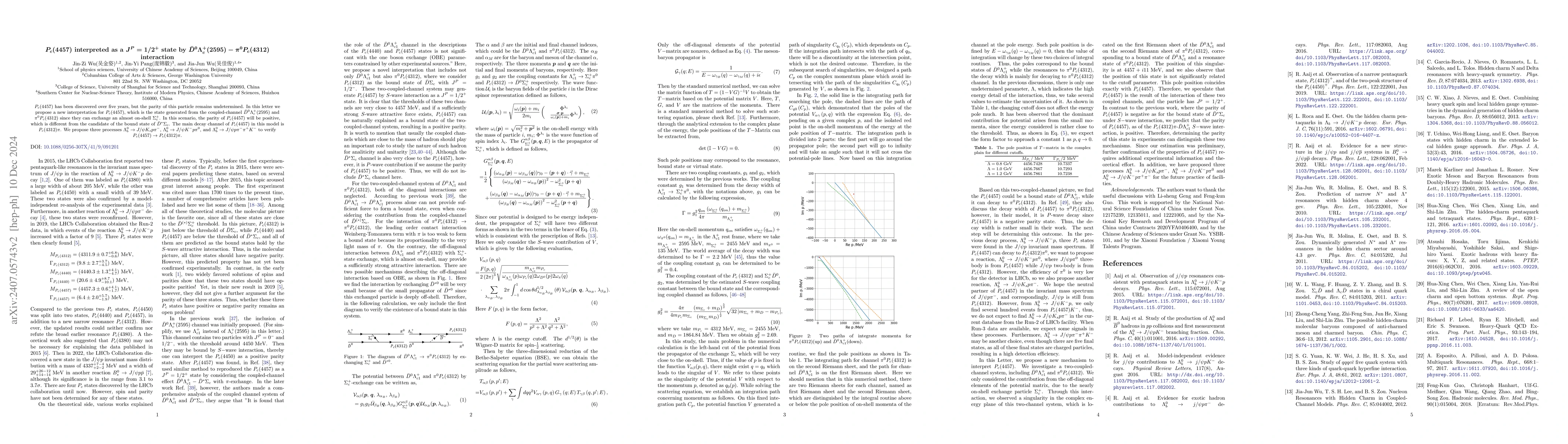 Thumbnail for $P_c(4457)$ interpreted as a $J^P=1/2^+$ state by
  $\bar{D}^0Λ^+_c(2595)$-$π^0 P_c(4312)$ interaction