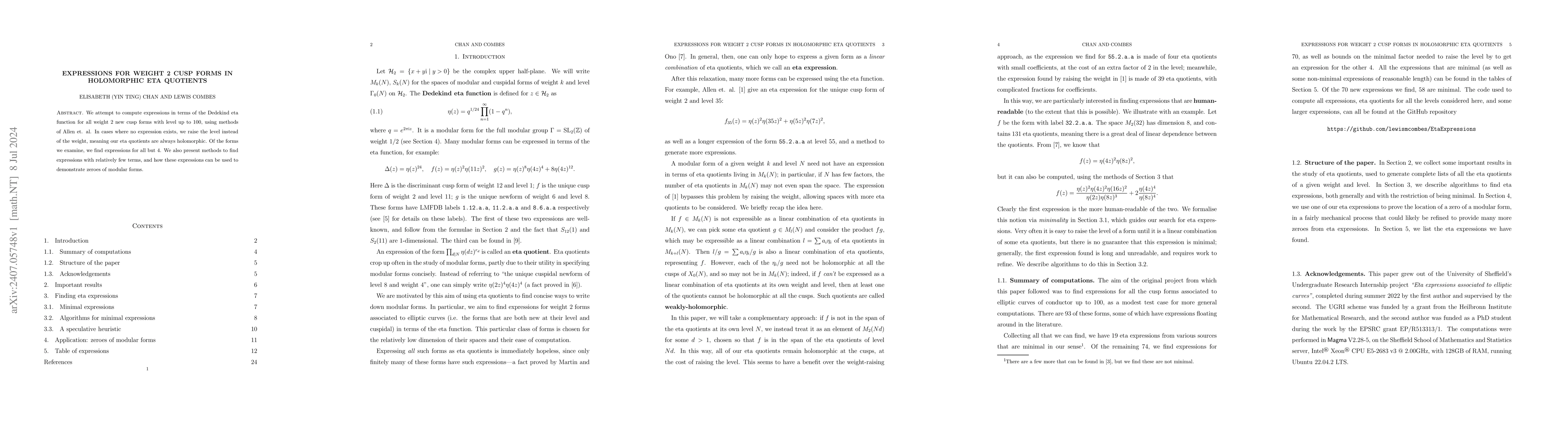 Thumbnail for Expressions for weight 2 cusp forms in holomorphic eta quotients