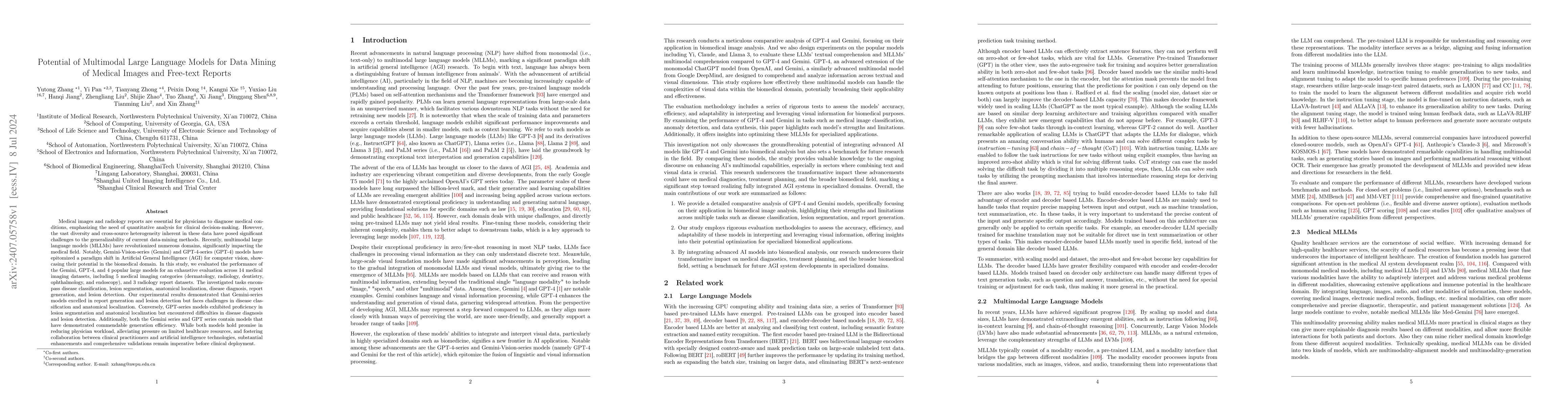 Thumbnail for Potential of Multimodal Large Language Models for Data Mining of Medical
  Images and Free-text Reports