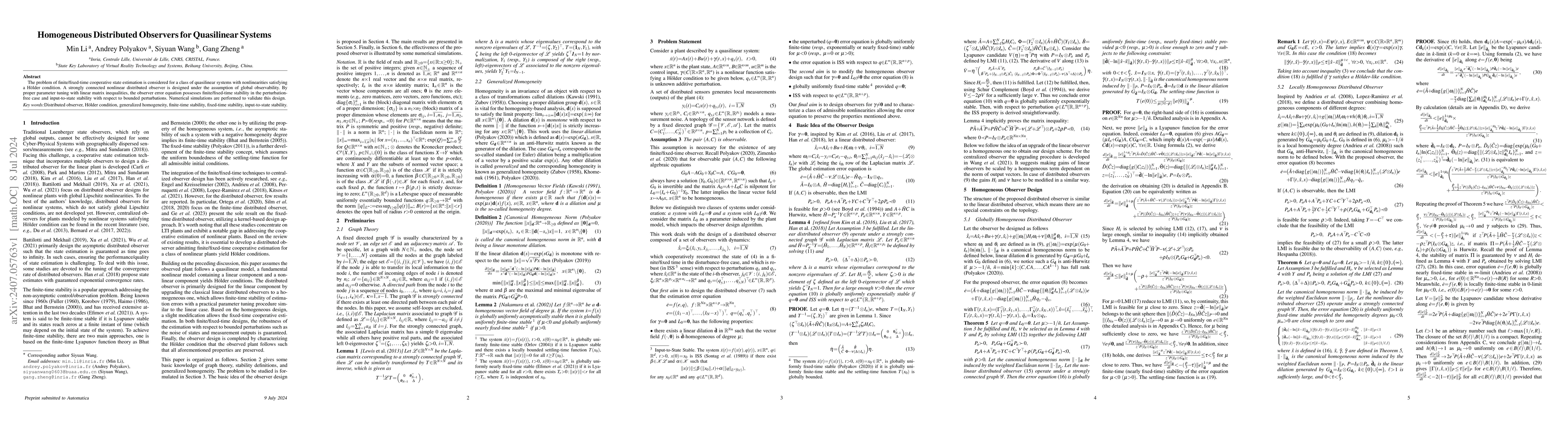 Thumbnail for Homogeneous Distributed Observers for Quasilinear Systems