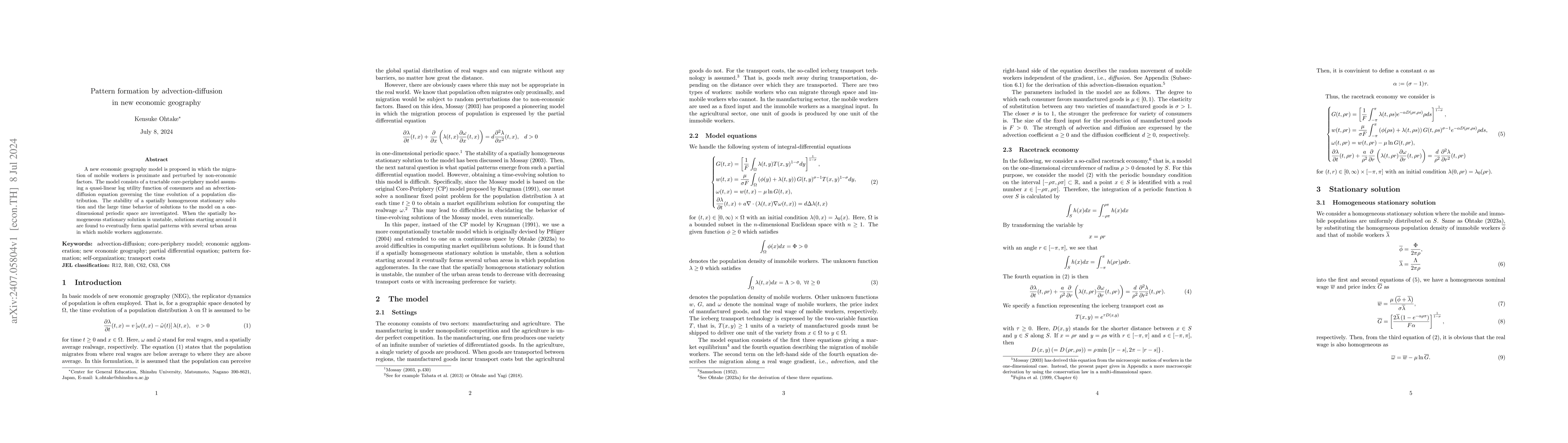 Thumbnail for Pattern formation by advection-diffusion in new economic geography
