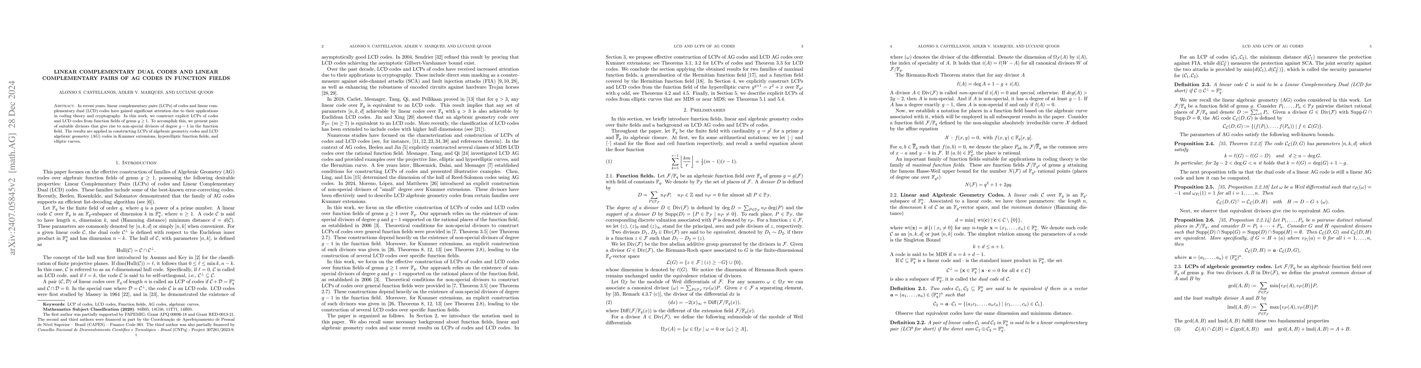 Thumbnail for Linear Complementary dual codes and Linear Complementary pairs of AG
  codes in function fields