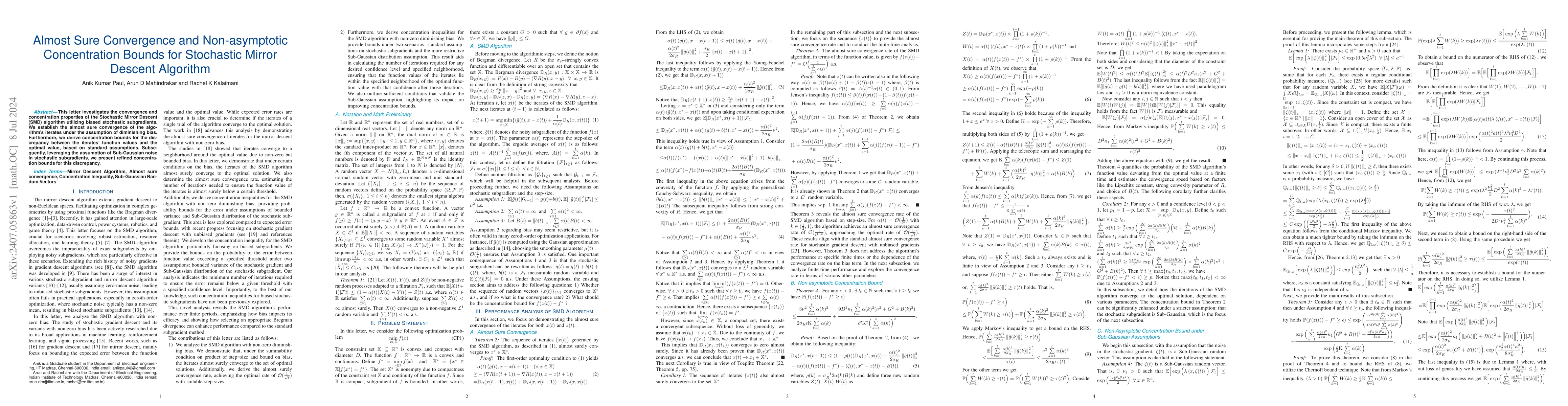 Thumbnail for Almost Sure Convergence and Non-asymptotic Concentration Bounds for
  Stochastic Mirror Descent Algorithm