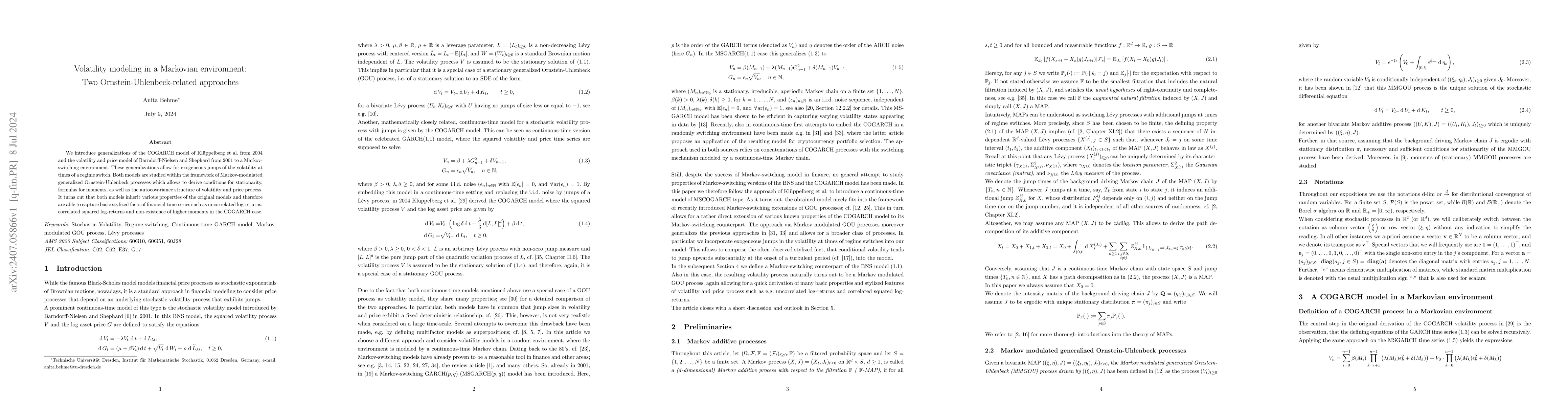 Thumbnail for Volatility modeling in a Markovian environment: Two
  Ornstein-Uhlenbeck-related approaches