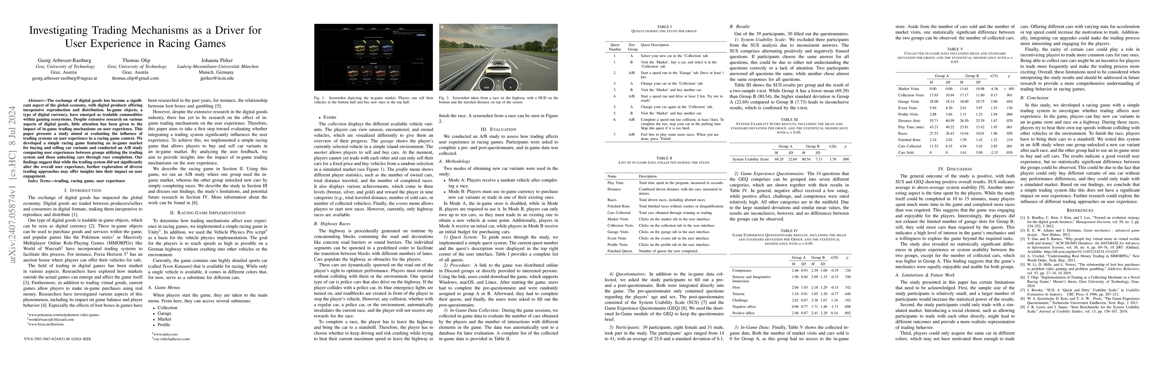 Thumbnail for Investigating Trading Mechanisms as a Driver for User Experience in
  Racing Games