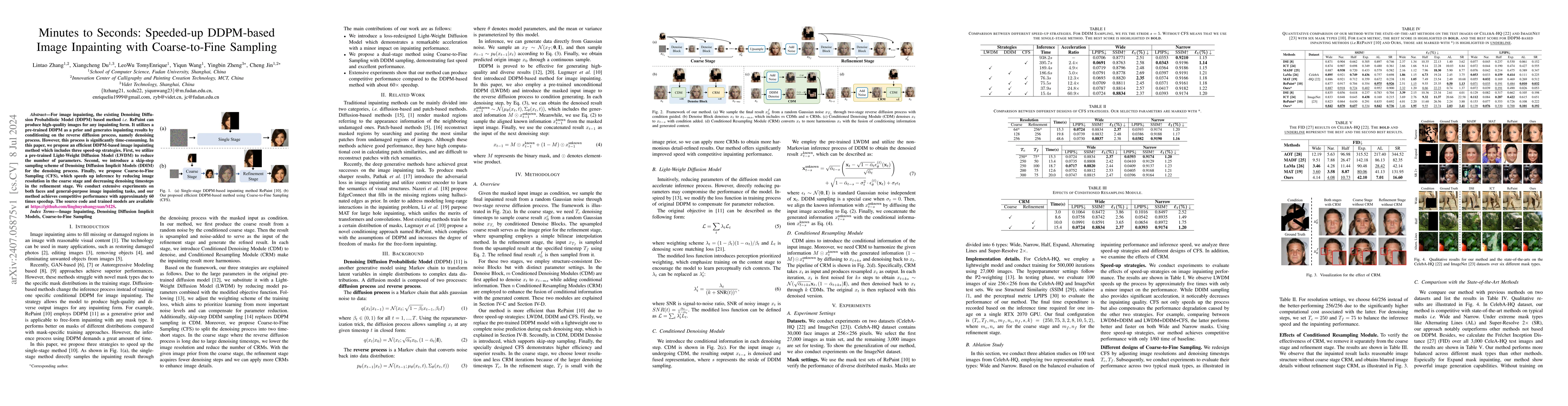 Thumbnail for Minutes to Seconds: Speeded-up DDPM-based Image Inpainting with
  Coarse-to-Fine Sampling