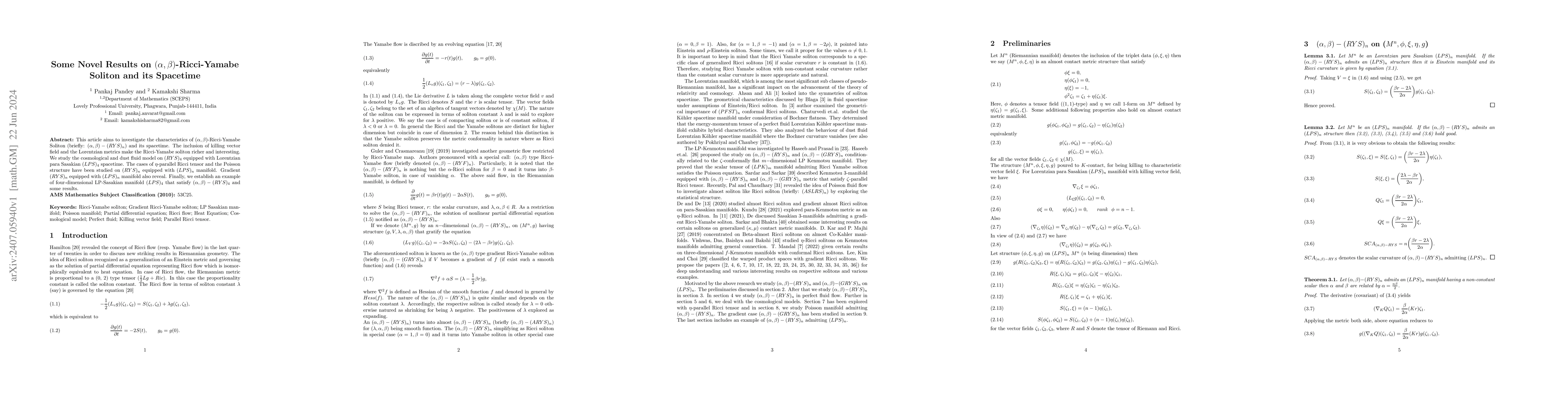Thumbnail for Some Novel Results on (alpha, beta)-Ricci-Yamabe Soliton and its
  Spacetime