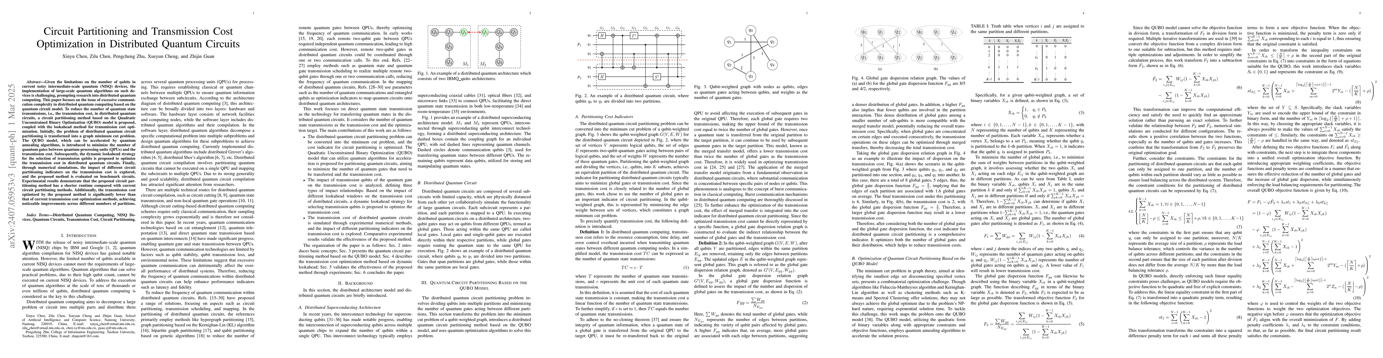 Thumbnail for Circuit Partitioning and Transmission Cost Optimization in Distributed
  Quantum Circuits