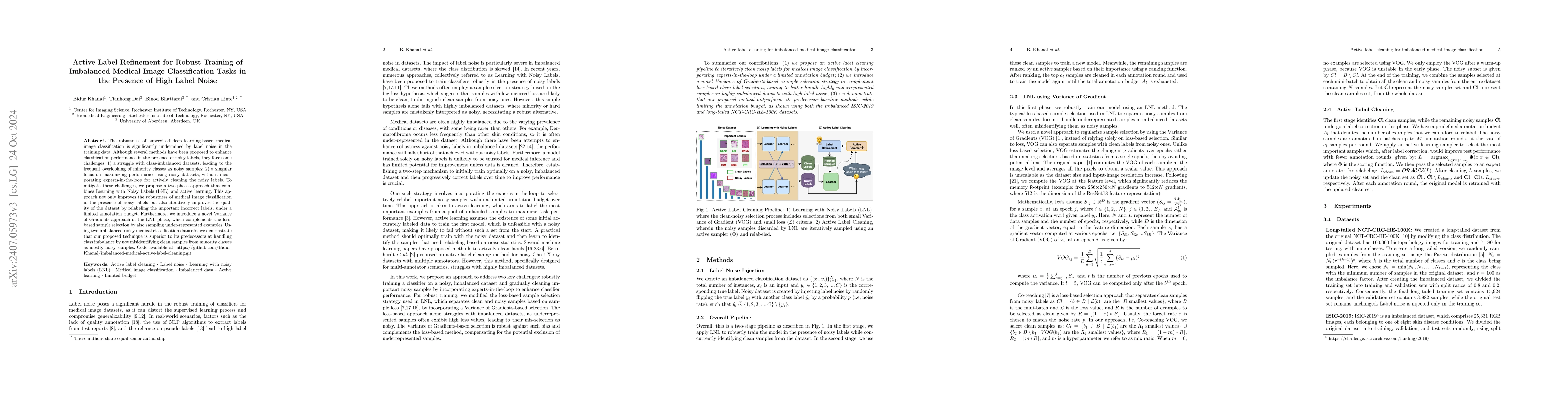 Thumbnail for Active Label Refinement for Robust Training of Imbalanced Medical Image
  Classification Tasks in the Presence of High Label Noise