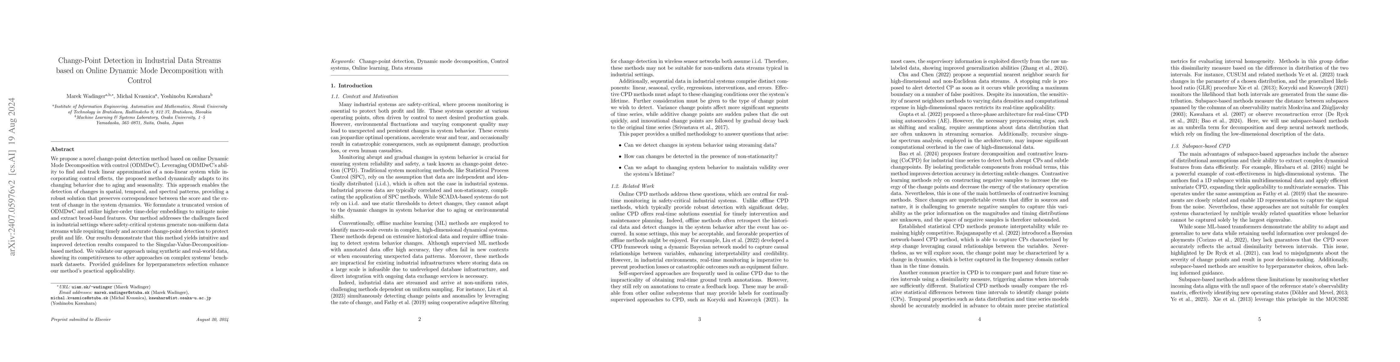 Thumbnail for Change-Point Detection in Industrial Data Streams based on Online
  Dynamic Mode Decomposition with Control