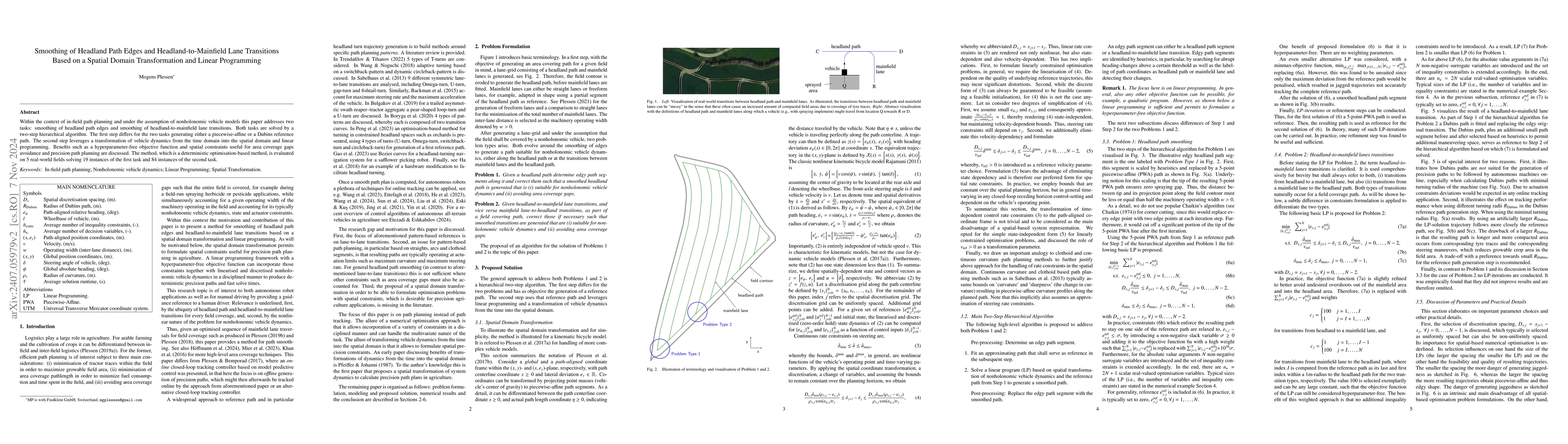 Thumbnail for Smoothing of Headland Path Edges and Headland-to-Mainfield Lane
  Transitions Based on a Spatial Domain Transformation and Linear Programming