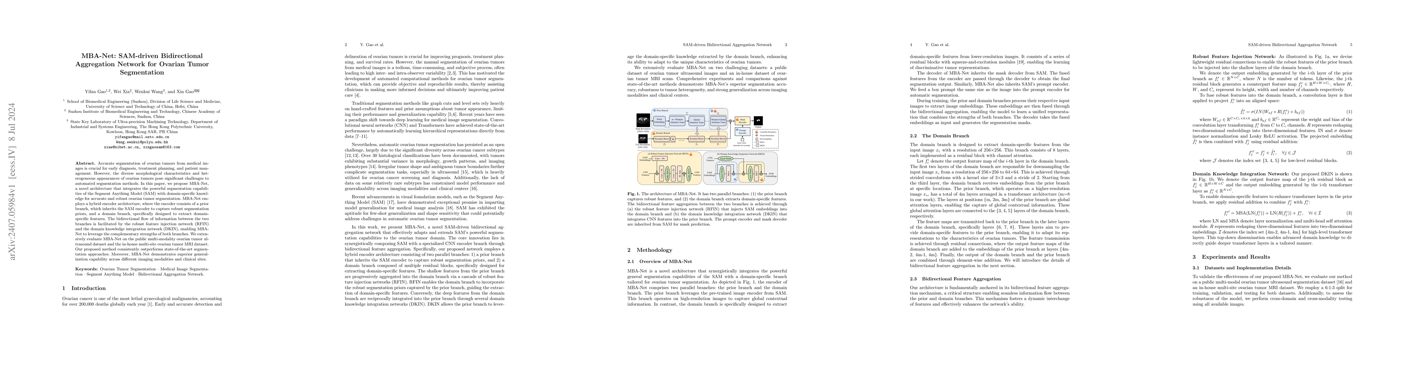 Thumbnail for MBA-Net: SAM-driven Bidirectional Aggregation Network for Ovarian Tumor
  Segmentation