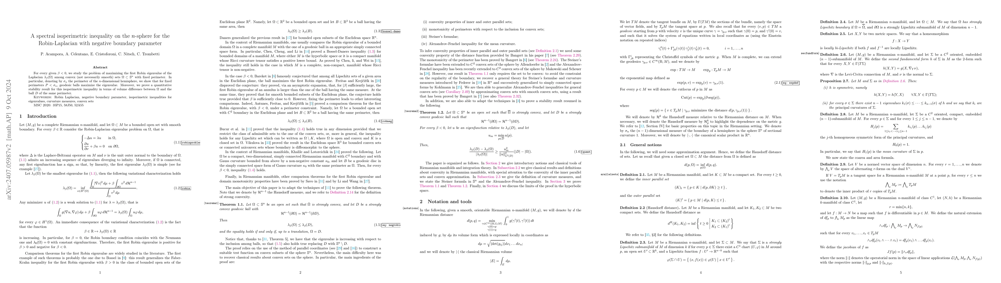 Thumbnail for A spectral isoperimetric inequality on the n-sphere for the
  Robin-Laplacian with negative boundary parameter