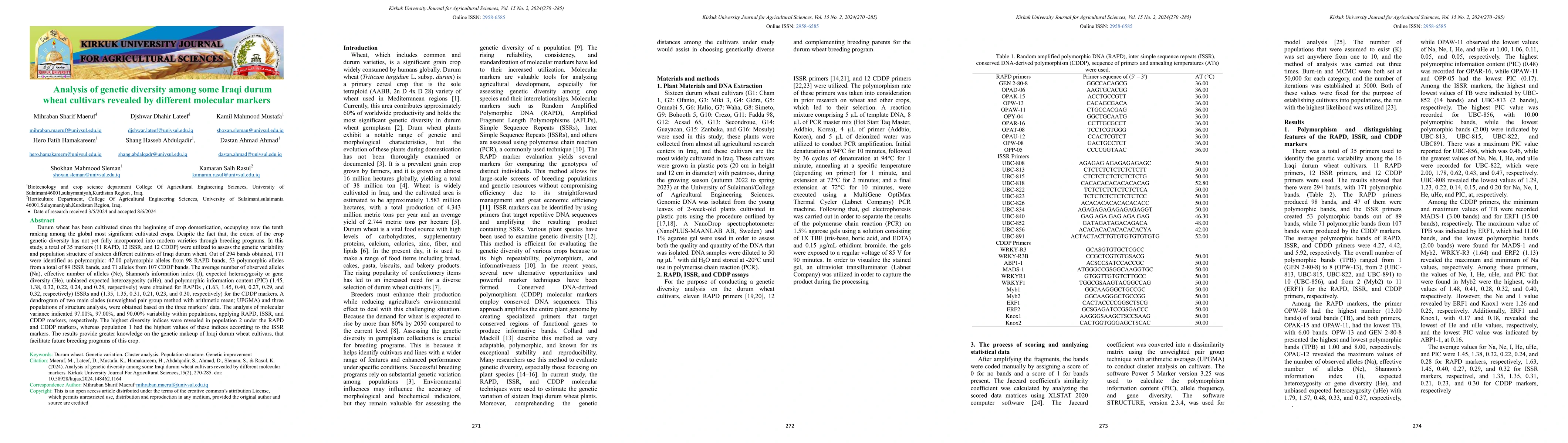 Thumbnail for Analysis of genetic diversity among some Iraqi durum wheat cultivars
  revealed by different molecular markers