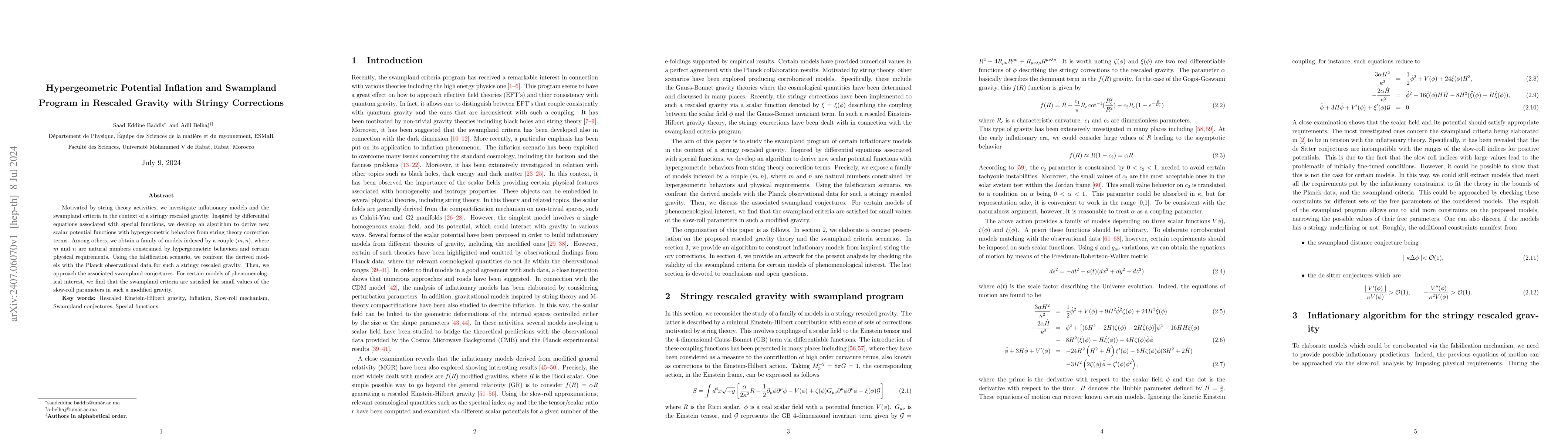 Thumbnail for Hypergeometric Potential Inflation and Swampland Program in Rescaled
  Gravity with Stringy Corrections