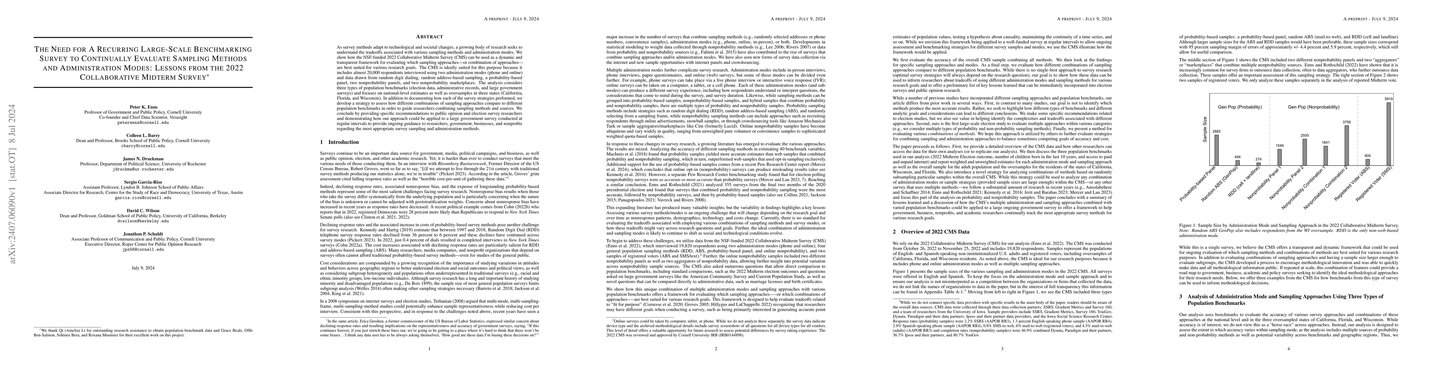 Thumbnail for The Need for a Recurring Large-Scale Benchmarking Survey to Continually
  Evaluate Sampling Methods and Administration Modes: Lessons from the 2022
  Collaborative Midterm Survey