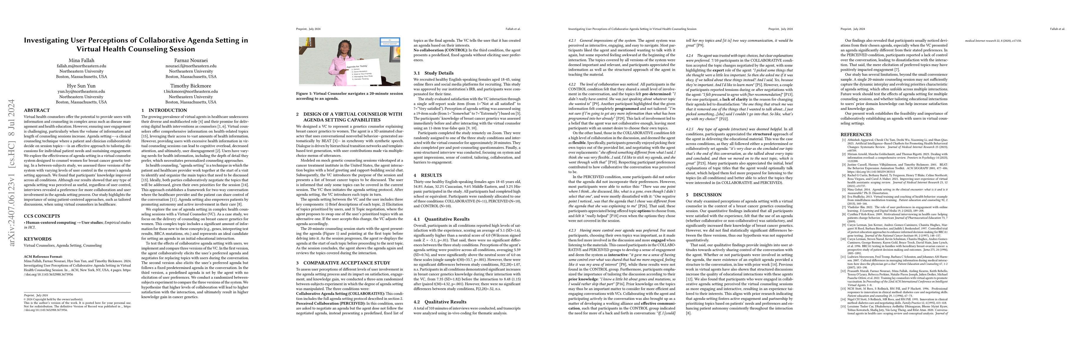 Thumbnail for Investigating User Perceptions of Collaborative Agenda Setting in
  Virtual Health Counseling Session