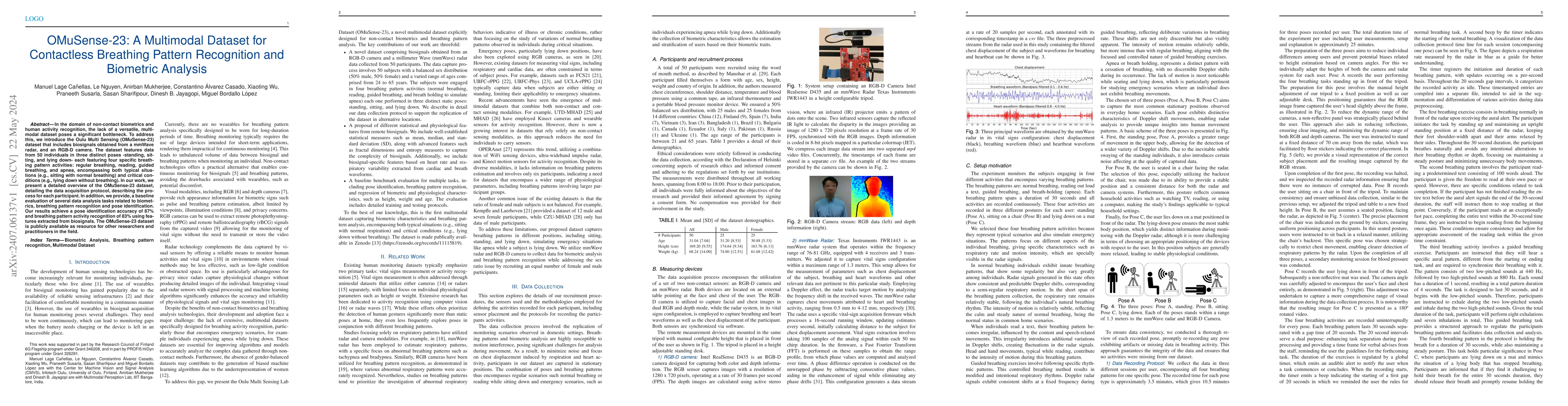 Thumbnail for OMuSense-23: A Multimodal Dataset for Contactless Breathing Pattern
  Recognition and Biometric Analysis