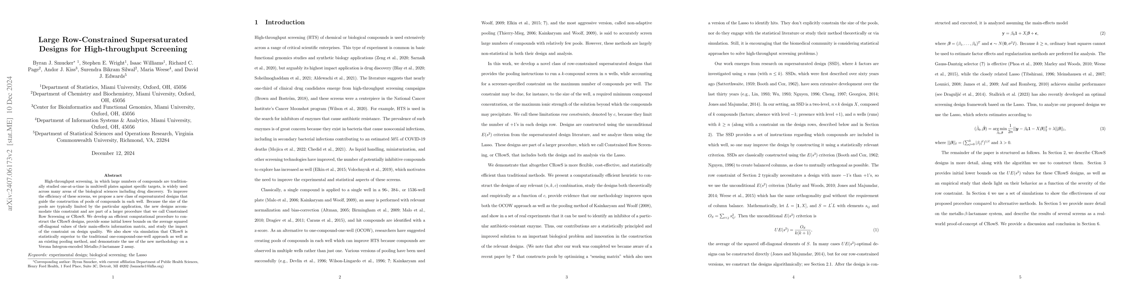 Thumbnail for Large Row-Constrained Supersaturated Designs for High-throughput
  Screening