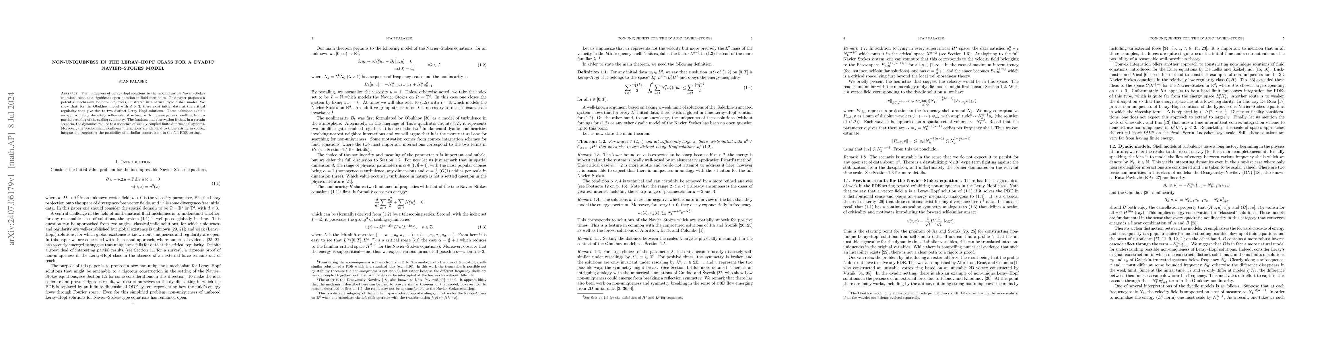 Thumbnail for Non-uniqueness in the Leray-Hopf class for a dyadic Navier-Stokes model