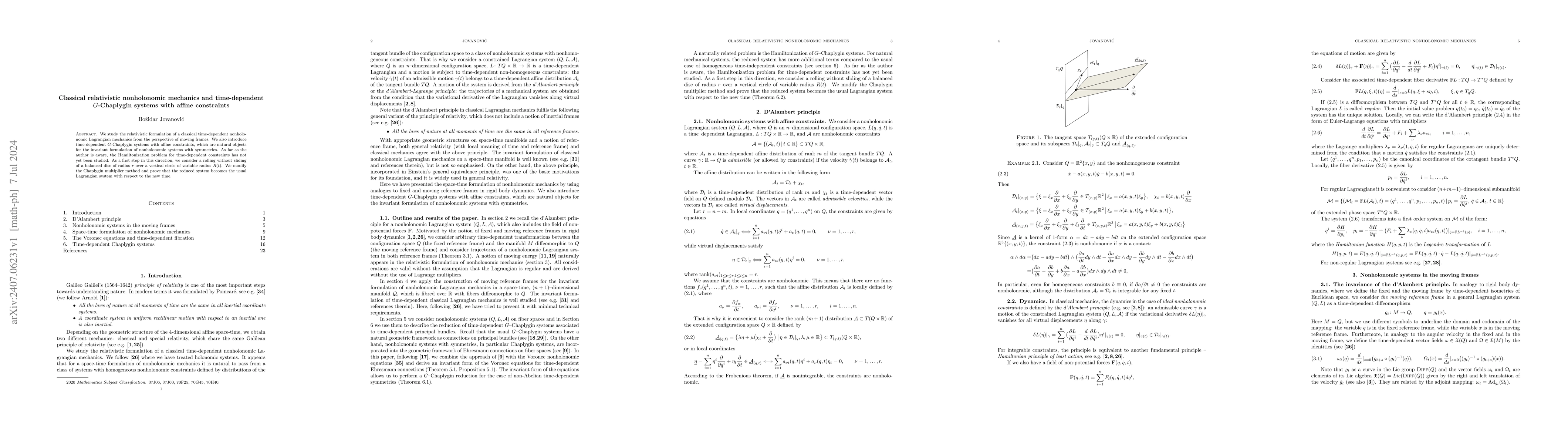 Thumbnail for Classical relativistic nonholonomic mechanics and time-dependent
  $G$-Chaplygin systems with affine constraints