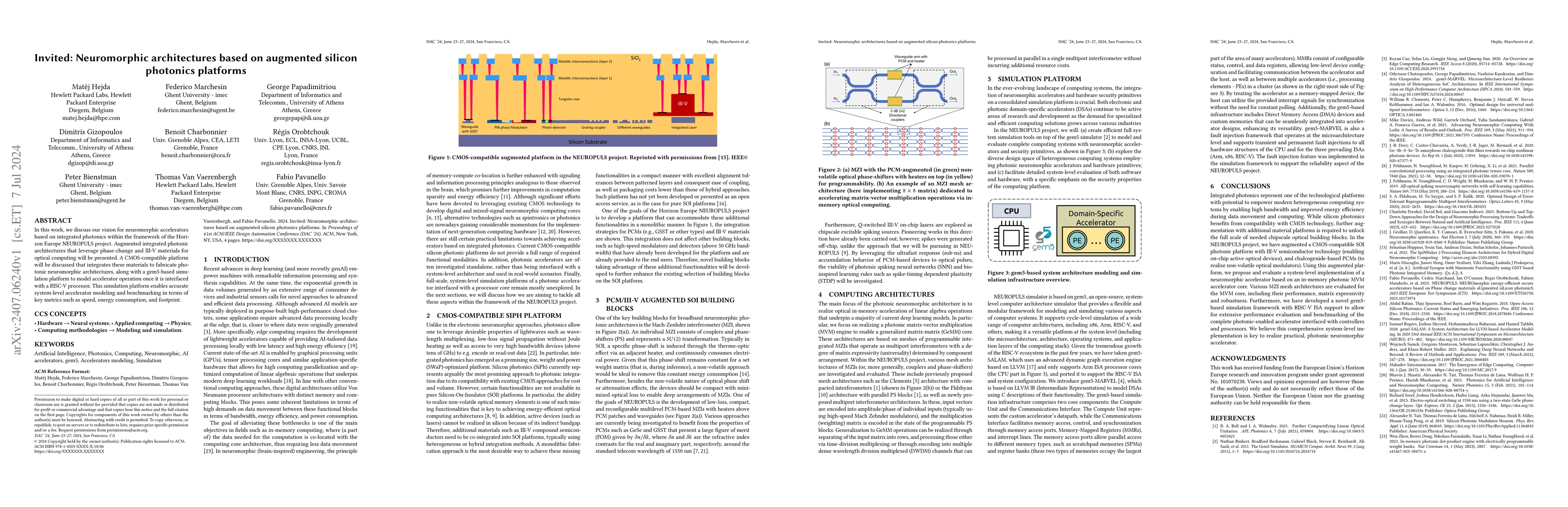 Thumbnail for Invited: Neuromorphic architectures based on augmented silicon photonics
  platforms