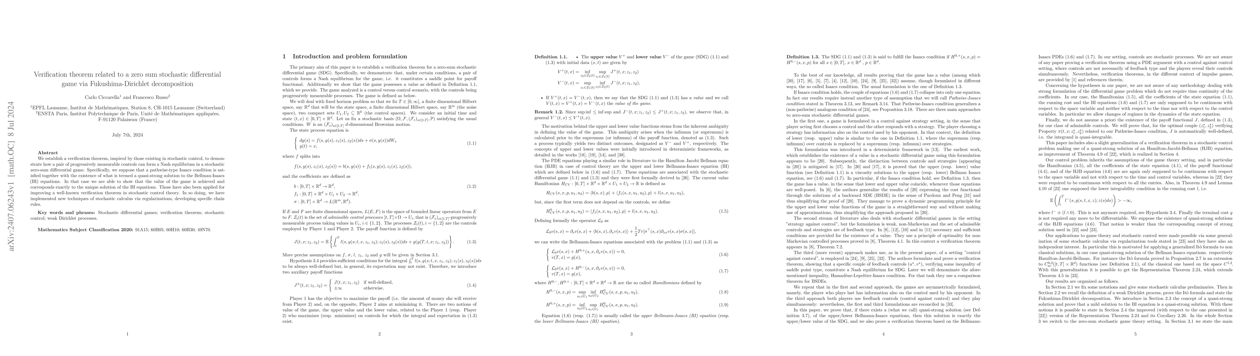 Thumbnail for Verification theorem related to a zero sum stochastic differential game
  via Fukushima-Dirichlet decomposition