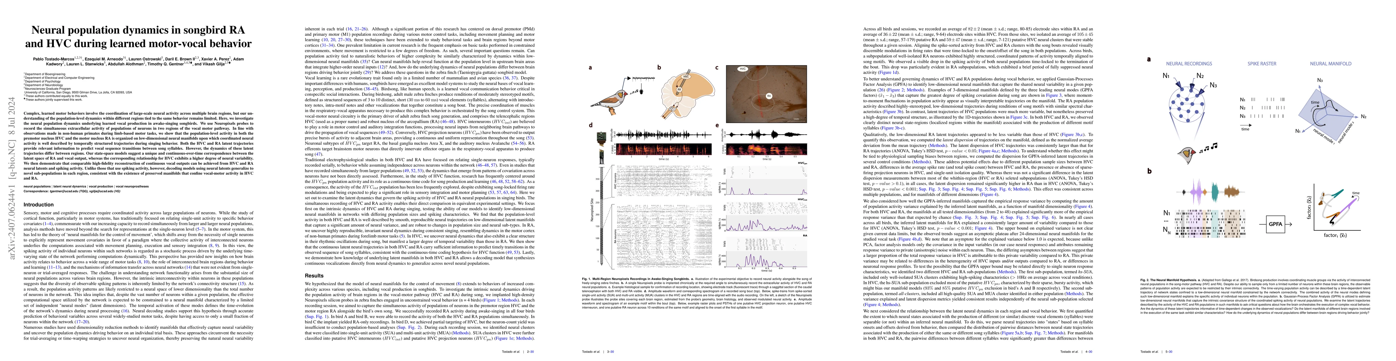 Thumbnail for Neural population dynamics in songbird RA and HVC during learned
  motor-vocal behavior