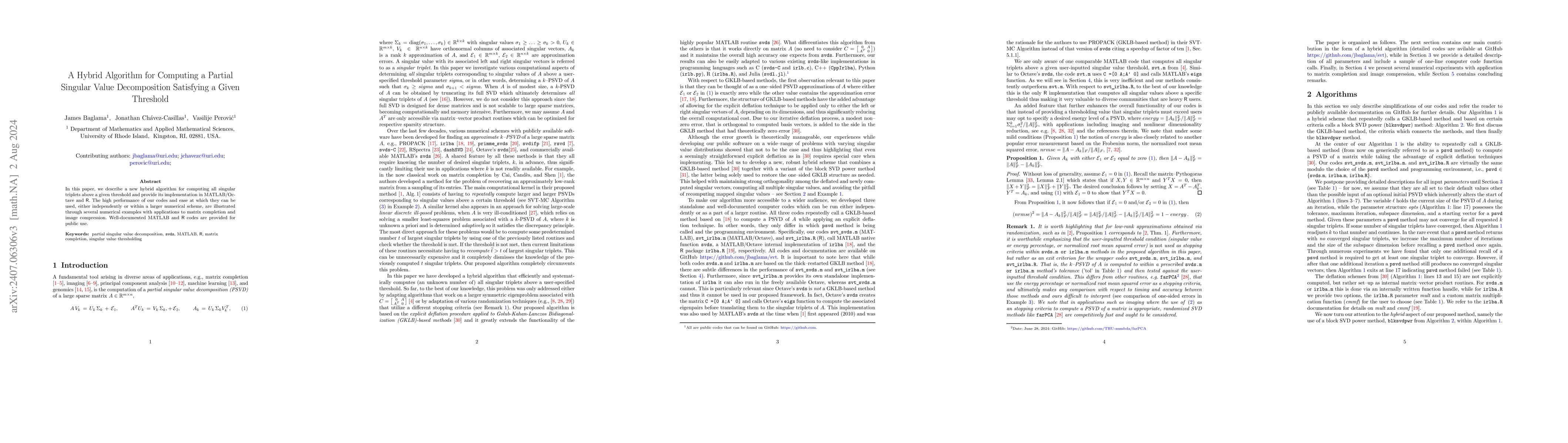 Thumbnail for A Hybrid Algorithm for Computing a Partial Singular Value Decomposition
  Satisfying a Given Threshold