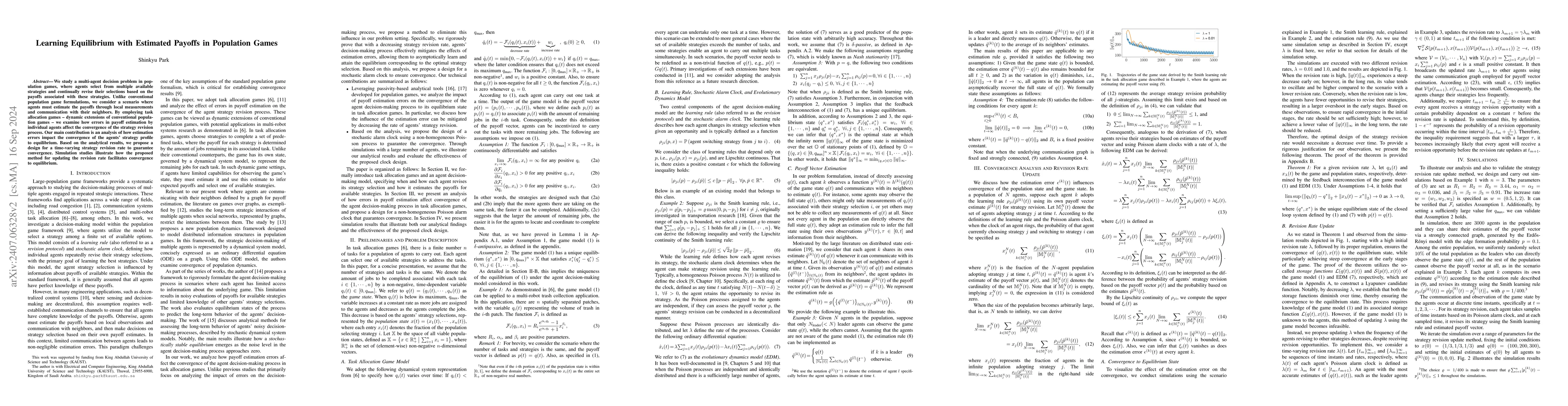 Thumbnail for Learning Equilibrium with Estimated Payoffs in Population Games