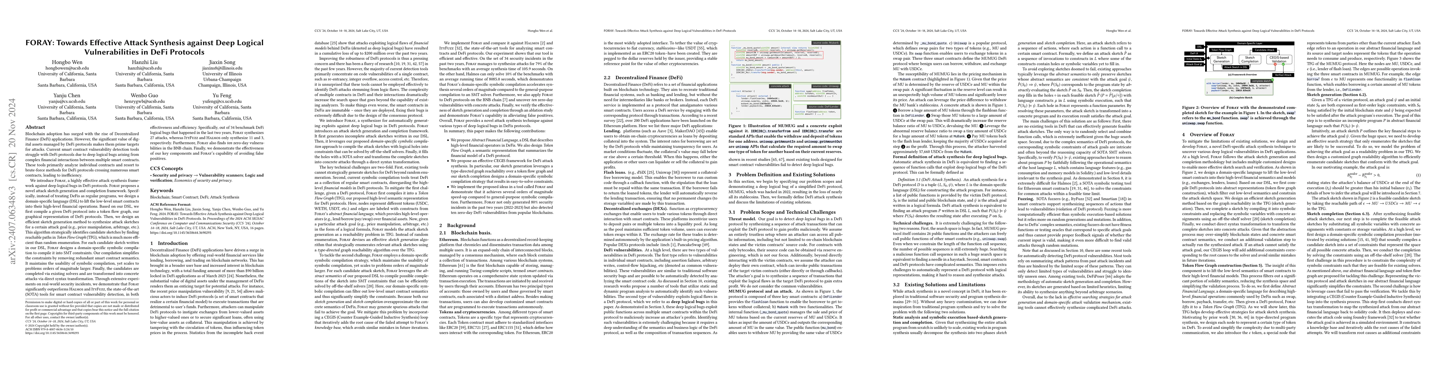 Thumbnail for FORAY: Towards Effective Attack Synthesis against Deep Logical
  Vulnerabilities in DeFi Protocols