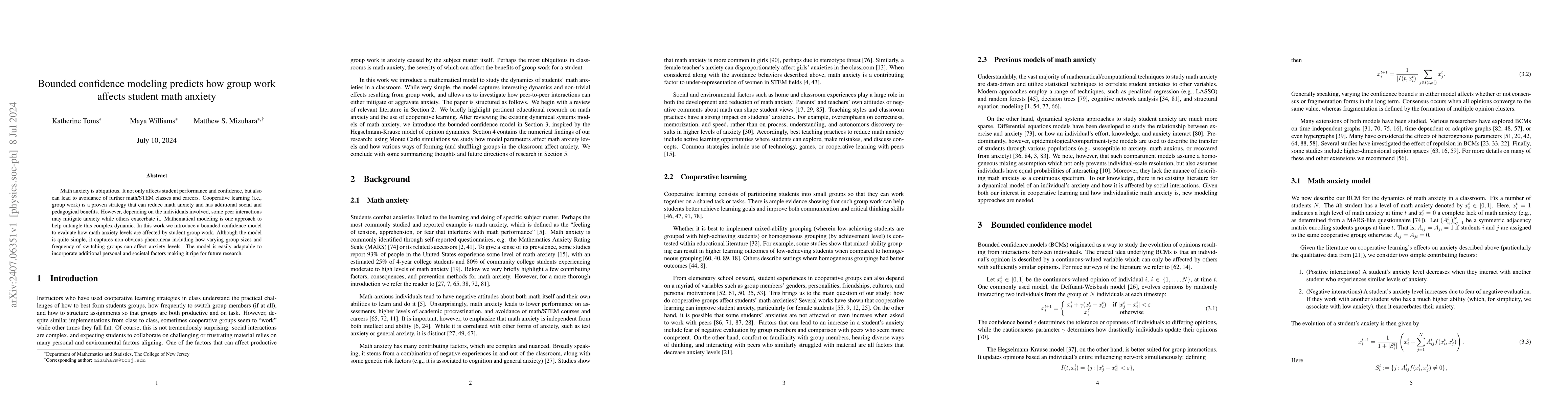 Thumbnail for Bounded confidence modeling predicts how group work affects student math
  anxiety