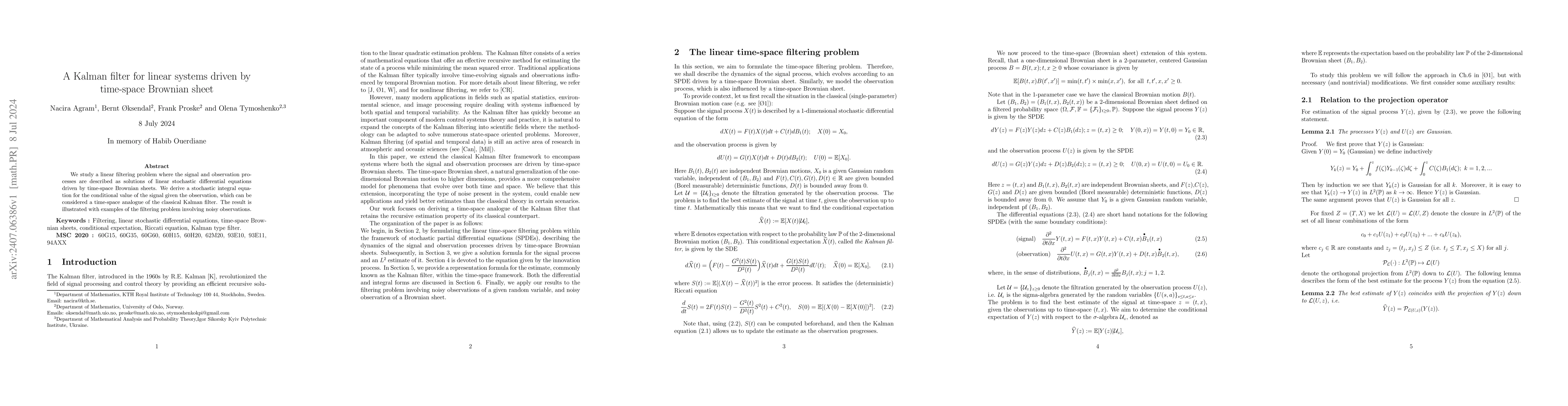 Thumbnail for A Kalman filter for linear systems driven by time-space Brownian sheet