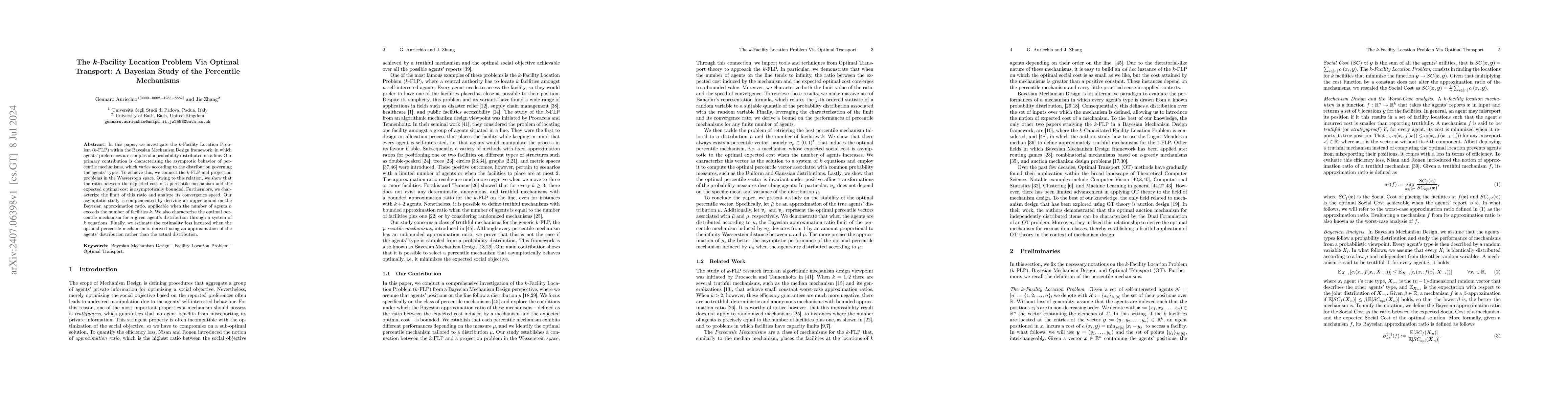 Thumbnail for The k-Facility Location Problem Via Optimal Transport: A Bayesian Study
  of the Percentile Mechanisms