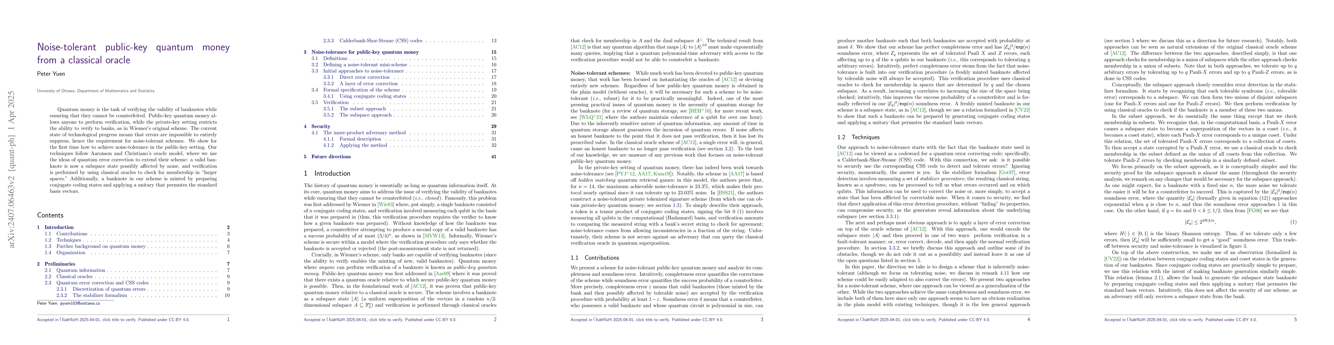 Thumbnail for Noise-tolerant public-key quantum money from a classical oracle
