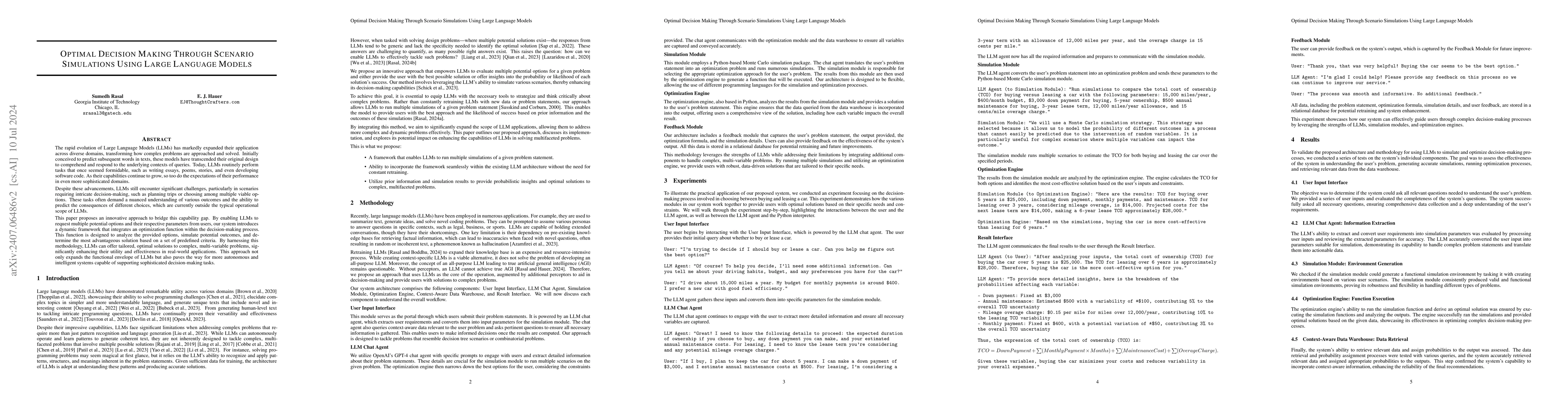 Thumbnail for Optimal Decision Making Through Scenario Simulations Using Large
  Language Models