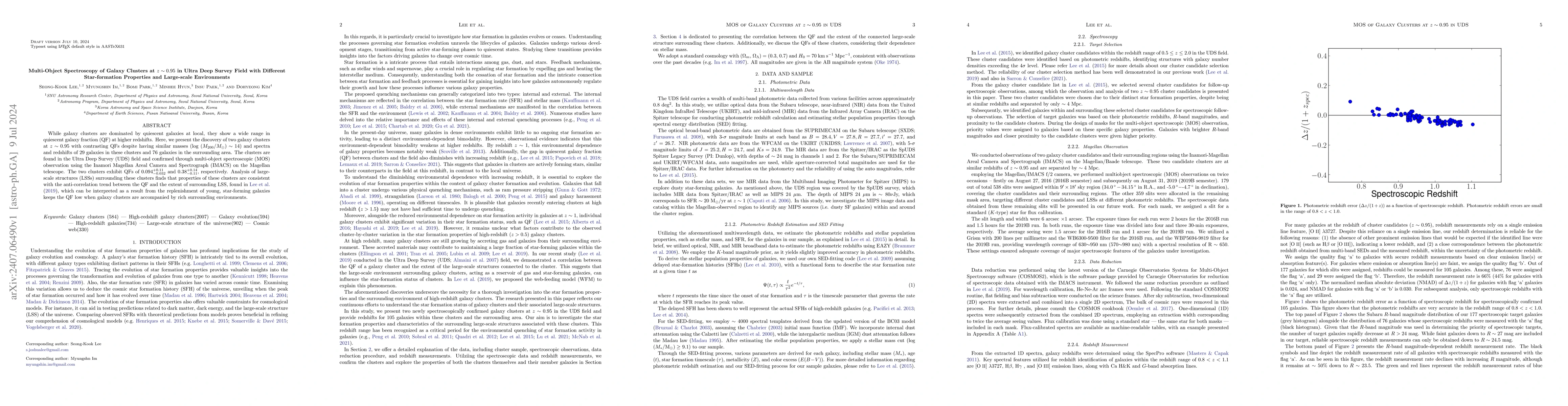 Thumbnail for Multi-Object Spectroscopy of Galaxy Clusters at $z \sim 0.95$ in Ultra
  Deep Survey Field with Different Star-formation Properties and Large-scale
  Environments