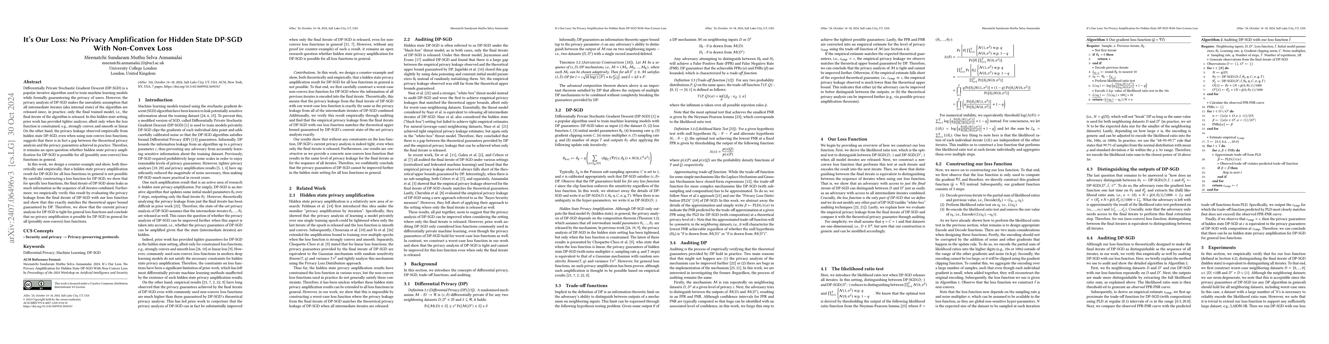Thumbnail for It's Our Loss: No Privacy Amplification for Hidden State DP-SGD With
  Non-Convex Loss