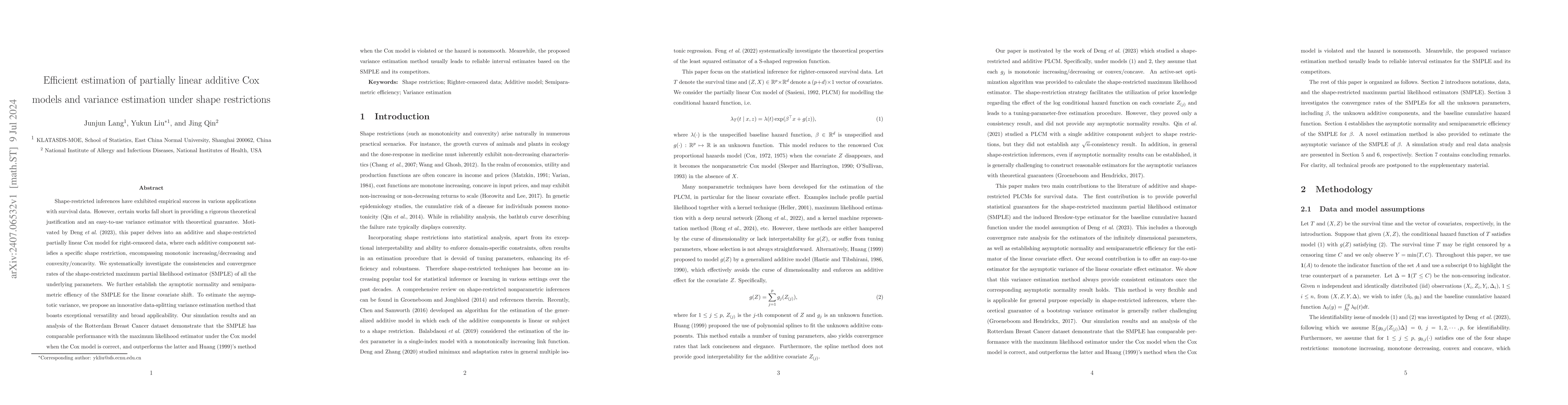 Thumbnail for Efficient estimation of partially linear additive Cox models and
  variance estimation under shape restrictions